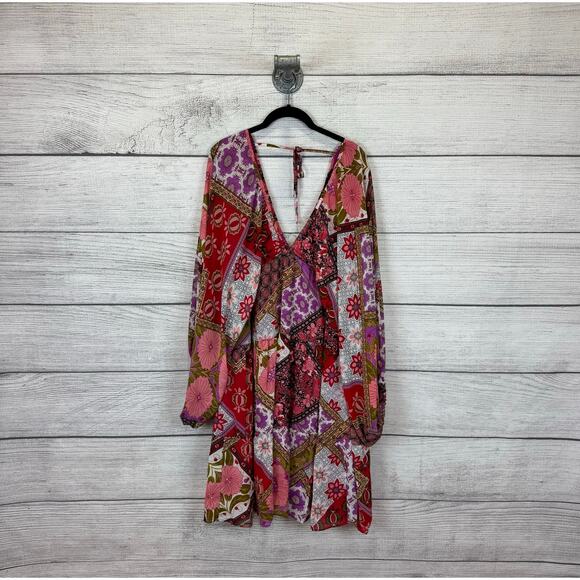 Aakaa Women's Floral Purple Red Boho Long Sleeve Dress Size 3X - Picture 1 of 8